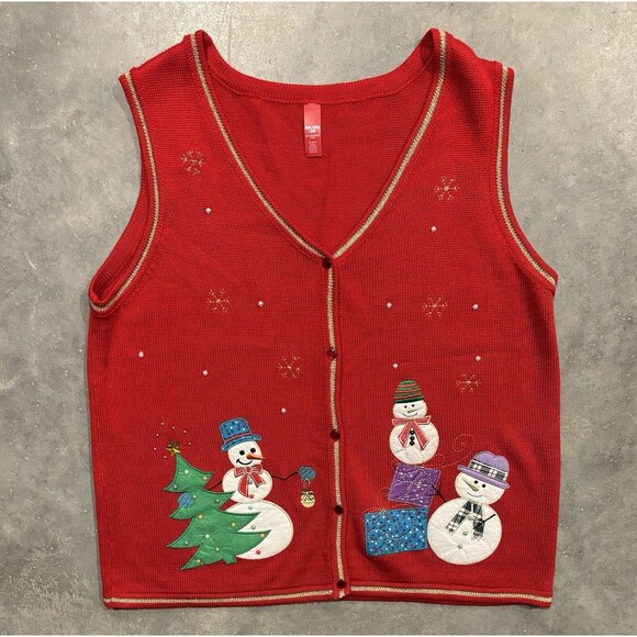 Holiday Sweater Vest Womens XXL Red Snowman Christmas Cardigan Ugly Christmas - Picture 1 of 3
